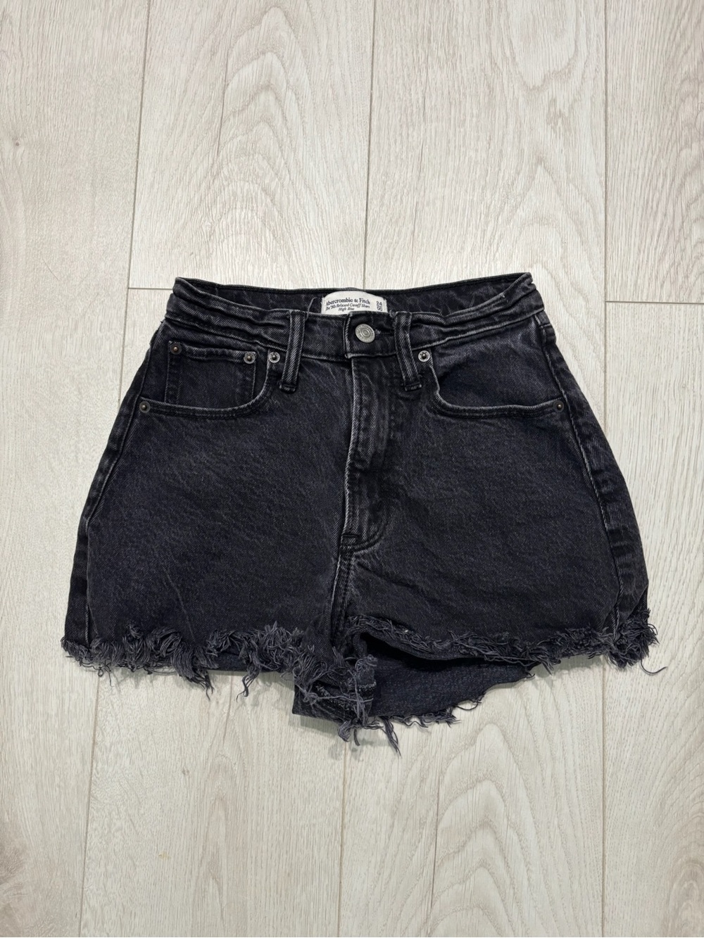 Abercrombie & Fitch Black Frayed Relaxed High Rise Curve Love Denim Shorts